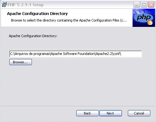 Instalando o PHP selecionando a pasta onde estão os  arquivos de configuração do Apache