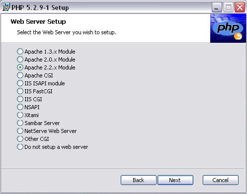 Instalando o PHP selecionando o Apache 2.2.x Module